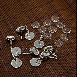Silver Clear Domed Glass Cabochon Cover and Brass Leverback Earring Settings for DIY, Cadmium Free & Lead Free, Silver Color Plated, Earring: 25x16mm, Tray: 14mm, Glass: 15.73~16.13mm