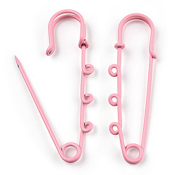 Pink Spray Painted Iron Brooch Findings, Kilt Pins with Triple Loops, Pink, 50x50x5.5mm, Hole: 2.5mm