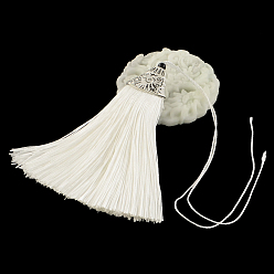 Creamy White Polyester Tassel Pendant Decorations with Antique Silver CCB Plastic Findings, Creamy White, 80x20x11mm