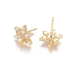 Golden Brass Cubic Zirconia Stud Earring Findings, with Cup Pearl Peg Bails, Flower, Clear, Golden, 15mm, Pin: 0.7mm