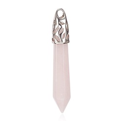 Rose Quartz Natural Rose Quartz Big Pointed Pendants, with Platinum Plated Brass Findings, Bullet, 57~64x10.5x10.5mm, Hole: 5x4mm
