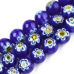 Bleu Brins de perles en verre de millefiori faites à la main, ronde avec motif de fleurs, bleu, 10mm, Trou: 1.2mm, Environ 36~38 pcs/chapelet, 13.78 pouces~14.88 pouces (35cm~37.8cm)
