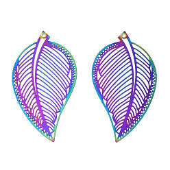 Rainbow Color Ion Plating(IP) 201 Stainless Steel Filigree Pendants, Etched Metal Embellishments, Leaf, Rainbow Color, 49.5x26.5x0.2mm, Hole: 1.2mm