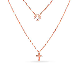 Or Rose Bijoux Tinysand cz 925 pendentif croix en argent sterling avec zircone cubique colliers à deux niveaux, or rose, 21 pouces&17 pouces