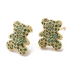 Verdemar Aretes con oso de circonita cúbica, joyas de latón chapado en oro real 18k, sin plomo y cadmio, verde mar, 12.5x10 mm