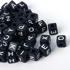 Letter Opaque Acrylic European Beads, Horizontal Hole, Large Hole Beads, Cube with Letter, Black, Random Mixed Letters, 10x10x10mm, Hole: 4mm, about 530pcs/500g
