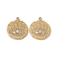 Real 18K Gold Plated Vacuum Plating 201 Stainless Steel Pendants, Crystal Rhinestone Flat Round with Eye Pattern Charms, Real 18K Gold Plated, 17.5x15x2.5mm, Hole: 1.6mm