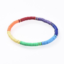 Golden Handmade Polymer Clay Stretch Bracelets, with Alloy Spacer Beads, Flat Round, Colorful, 2-1/4 inch(5.8cm), 4mm
