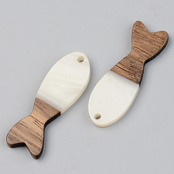 Floral White Opaque Resin & Walnut Wood Pendants, Fish, Floral White, 37.5x12x3mm, Hole: 2mm