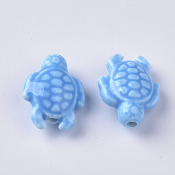Dodger Blue Handmade Porcelain Beads, Bright Glazed Porcelain Style, Tortoise, Dodger Blue, 19x15x8.5mm, Hole: 2mm