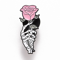 Pink Hand Skeleton with Rose Enamel Pin, Halloween Alloy Badge for Backpack Clothes, Electrophoresis Black, Pink, 30.5x12x1.5mm, Pin: 1.1mm