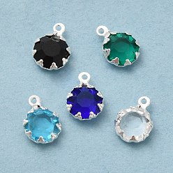 Mixed Color Eco-Friendly Glass Charms, with Brass Findings, Long-Lasting Plated, Cadmium Free & Lead Free, Flat Round, 925 Sterling Silver Plated, Mixed Color, 9x6.5x3mm, Hole: 1mm