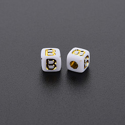 Letter B Opaque White Acrylic Beads, Metal Enlaced, Cube with Letters, Letter.B, 4.5mm, Hole: 2mm, about 5000pcs/500g