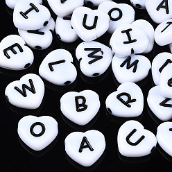 Letter Opaque Acrylic Beads, Heart, White & Black, Random Mixed Letters, 11x11.5x4mm, about 1483pcs/500g