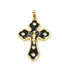 Black Eco-friendly Rack Plating Brass Micro Pave Cubic Zirconia Pendants, with Enamel, Cadmium Free & Lead Free, Long-Lasting Plated, Real 18K Gold Plated, Religion Cross with Angel Charm, Black, 32.5x22.5x2.5mm, Hole: 3.5x6mm