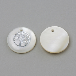 Platinum Freshwater Shell Pendants, Flat Round & Tree, Platinum, 16x3.5~4mm, Hole: 1.2mm