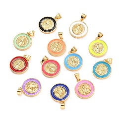 Mixed Color Brass Enamel Pendants, Cadmium Free & Lead Free, Long-Lasting Plated, Flat Round with Virgin Mary, Real 18K Gold Plated, Mixed Color, 18x16x2.5mm, Hole: 4.5x3.5mm