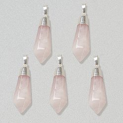 Quartz Rose Naturel a augmenté pendentifs en quartz, avec les accessoires en laiton argent, facette, balle, 40x12x11mm, Trou: 7x5mm