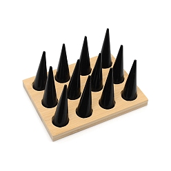 Black Wooden Ring Showcase Display Holder, with 12Pcs Acrylic Finger Ring Cone Shaped Display Stand, Black, 16x12x8cm