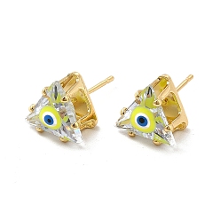 Yellow Green Glass Triangle with Enamel Evil Eye Stud Earrings, Real 18K Gold Plated Brass Jewelry for Women, Yellow Green, 10.5x11mm, Pin: 0.8mm
