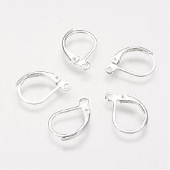 Silver Brass Leverback Earring Findings, with Loop, Nickel Free, Silver Color Plated, 15x10mm, Hole: 1mm