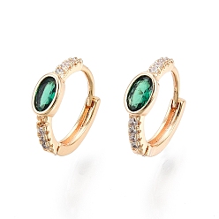 Green Glass Oval Hoop Earrings with Cubic Zirconia, Real 18K Gold Plated Brass Jewelry for Women, Nickel Free, Green, 14.5x13x2mm, Pin: 1mm