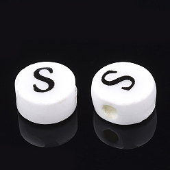 Letter S Handmade Porcelain Beads, Horizontal Hole, Flat Round with Letter, White, Letter.S, 8~8.5x4.5mm, Hole: 2mm
