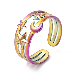 Rainbow Color Ion Plating(IP) 304 Stainless Steel Cuff Wide Band Rings, Moon & Star Open Finger Rings for Women Men, Rainbow Color, 6~10mm, Inner Diameter: US Size 7 3/4(17.9mm)
