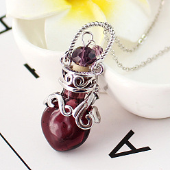 Pálida Violeta Roja Collar con colgante de botella de perfume de murano, joyas de acero platino titanio para mujer, rojo violeta pálido, 17.72 pulgada (45 cm)