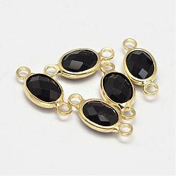 Black Oval Faceted Golden Brass Glass Links connectors, Black, 15x7x3.2mm, Hole: 1mm