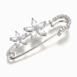 Platinum Brass Micro Pave Cubic Zirconia Safety Brooch, Flower, Clear, Platinum, 56x23mm, Pin: 1.5mm