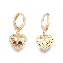 Real 18K Gold Plated Colorful Cubic Zirconia Heart Dangle Leverback Earrings, Brass Jewelry for Women, Cadmium Free & Nickel Free & Lead Free, Real 18K Gold Plated, 25mm, Pin: 1mm