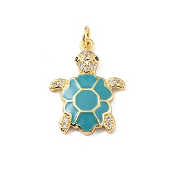 Dark Turquoise Rack Plating Brass Micro Pave Cubic Zirconia Pendants, with Enamel & Jump Ring, Cadmium Free & Lead Free, Long-Lasting Plated, Real 18K Gold Plated, Sea Turtle Charm, Dark Turquoise, 22.5x17x3mm, Hole: 3.2mm