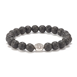 Lava Rock Natural Lava Rock Stretch Bracelet with Alloy Cross Coin, Essential Oil Gemstone Jewelry for Women, Inner Diameter: 2-1/8 inch(5.5cm)