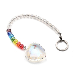 Coloré Chakra coeur cristal suncatcher radiesthésie pendule pendule, avec 304 porte-clés fendus en acier inoxydable, Des billes de verre, sac en velours, couleur inox, colorées, 23.5 cm