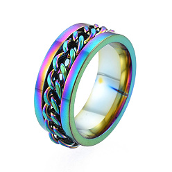 Rainbow Color 201 Stainless Steel Curb Chain Finger Ring for Women, Rainbow Color, Inner Diameter: 17mm