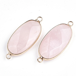 Rose Quartz Natural Rose Quartz Links connectors, with Brass Findings, Faceted, Oval, Golden, 39x16x6mm, Hole: 2mm