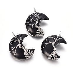 Obsidienne Pendentifs enveloppés de fil d'obsidienne naturelle arbre de vie, avec les accessoires en laiton, croissant de lune, platine, 44~46x26~32x12.5mm, Trou: 6.5x4.5mm