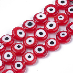 Roja Hechos a mano de perlas de mal de ojo de cristal de murano hebras, plano y redondo, rojo, 9.5~10.5x3.5~4 mm, agujero: 1.2 mm, sobre 38 unidades / cadena, 14.1 pulgada ~ 14.5 pulgada