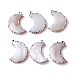 Light Gold Natural Fresh Shell Pendants, with Brass Findings, Moon Charms, Light Gold, 33x26x5mm, Hole: 1.8mm