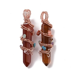 Natural Agate Natural Agate Pointed Big Pendants, with Rose Gold Plated Rack Plating Brass Findings and Mixed Stone Chip Beads, Cadmium Free & Lead Free, Faceted, Bullet Charm, Dyed & Heated, 64~68x16~17x16~17mm, Hole: 7.5mm
