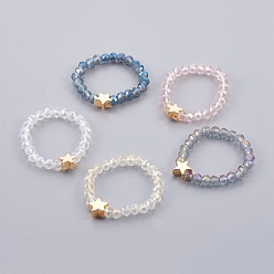 Mixed Color Electroplate Glass Beads Stretch Finger Rings, with Brass Finding, Star, 18~22mm