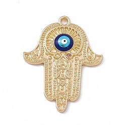 Light Gold Alloy Enamel Pendants, with Crystal Rhinestone, Hamsa Hand with Evil Eye Charms, Blue, Light Gold, 38x29.5x3mm, Hole: 2.4mm