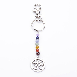 Mixed Color Tibetan Style Alloy Keychain, with Natural Gemstone Beads, Iron Key Rings and Alloy Swivel Lobster Claw Clasps, Flat Round with Om Symbol, Mixed Color, 140mm