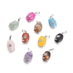 Mixed Stone Natural & Synthetic Mixed Gemstone Pendants, with Platinum Tone Brass Findings, Oval with Flower, 22x13.8x10.3mm, Hole: 6x3.5mm