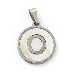 Letter O 304 Stainless Steel with White Shell Pendants, Stainless Steel Color, Flat Round with Letter Charm, Letter.O, 18x16x1.5mm, Hole: 3x6mm