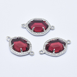Dark Red Brass Micro Pave Cubic Zirconia Links, with Glass, Faceted, Oval, Platinum, Dark Red, 26x16x5mm, Hole: 1.6mm