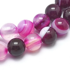 Fuchsia Natural Striped Agate/Banded Agate Beads Strands, Dyed & Heated, Round, Fuchsia, 8mm, Hole: 1mm, about 46pcs/strand, 14.9 inch(38cm)
