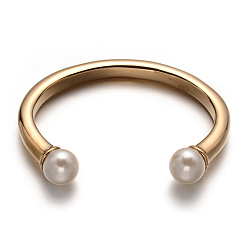 Golden Ion Plating(IP) 316 Surgical Stainless Steel Cuff Bangles, with Imitation Acrylic Pearl Beads, Golden, 45x59mm