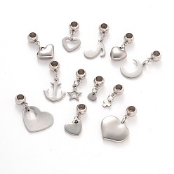Stainless Steel Color Mixed Shape 304 Stainless Steel European Large Hole Dangle Charms, Stainless Steel Color, 16~28mm, Hole: 4mm